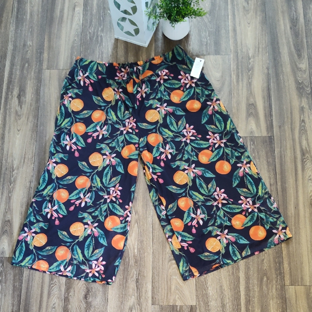 G by Giuliana Floral and Citrus Wide Leg Pants - Black and Orange